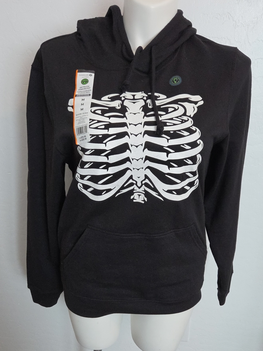 Celebrate It Halloween Black Pullover Hoodie with White Skeleton Graphic